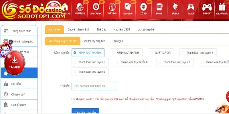 Nạp tiền vào tài khoản chơi Thần Tài Nổ Hũ